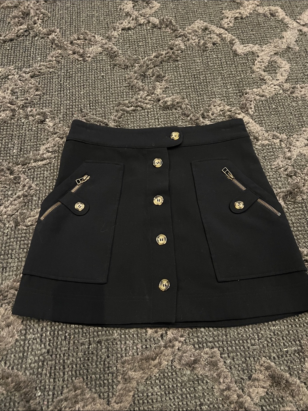 Veronica Beard Black Mini Skirt with Gold Buttons & Zip Details